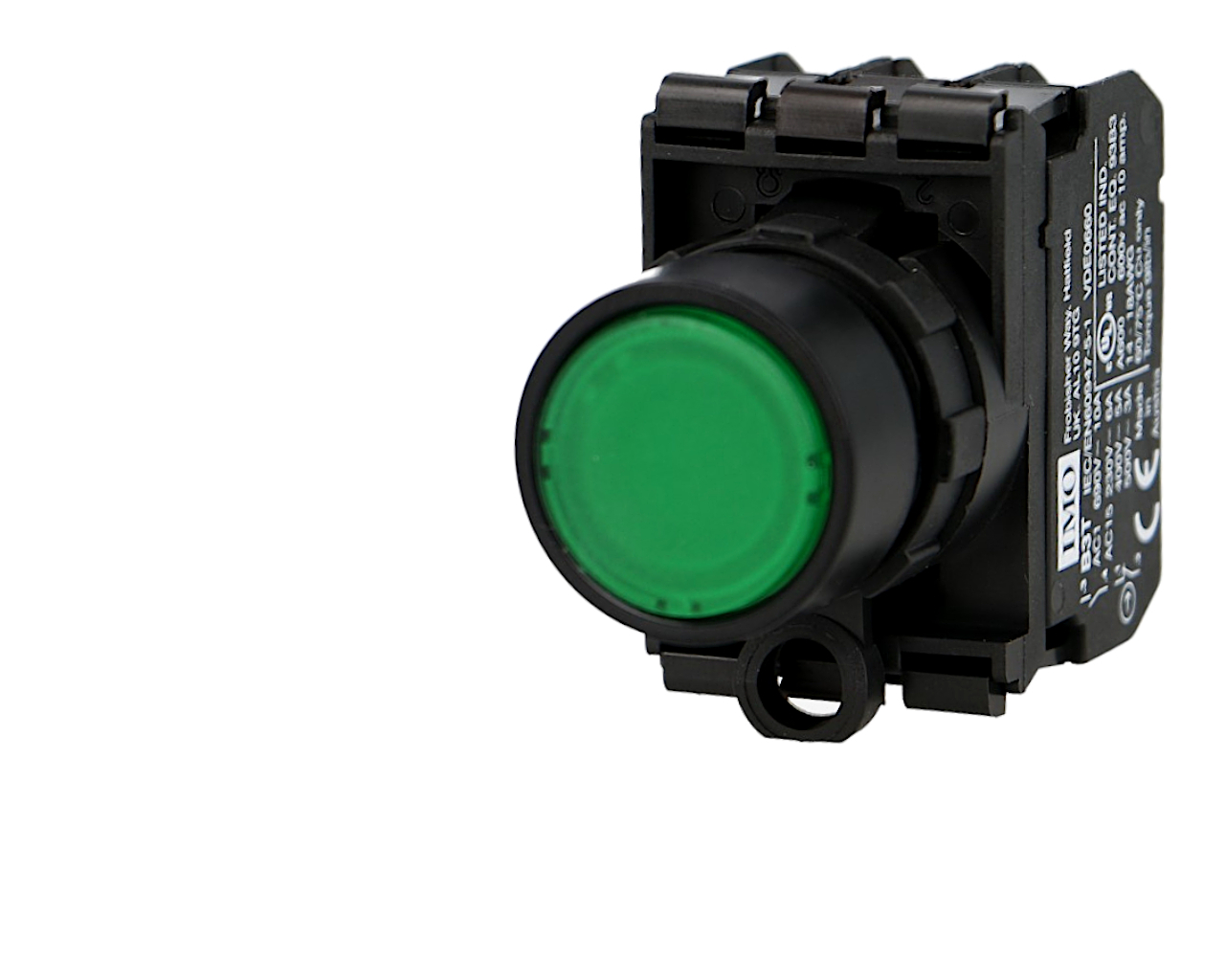 Bouton poussoir lumineux vert complet IMO Ø22mm, 1NO+1NC, LED 230V