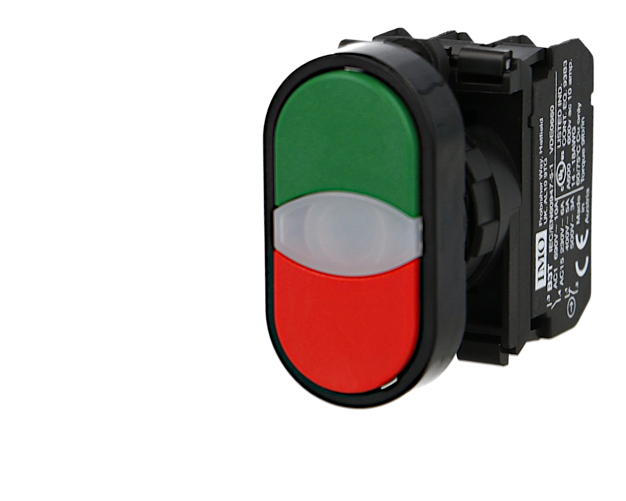 Bouton poussoir lumineux vert et rouge IMO Ø22mm, 1NO+1NC, LED 230V