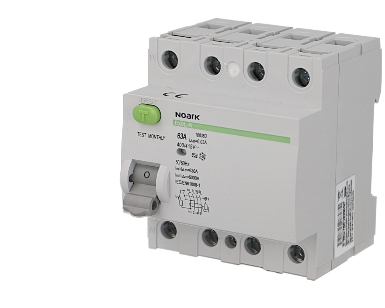 Interrupteur Différentiel 63A / 300mA / type AC / Tétrapolaire Noark Ex9L-N